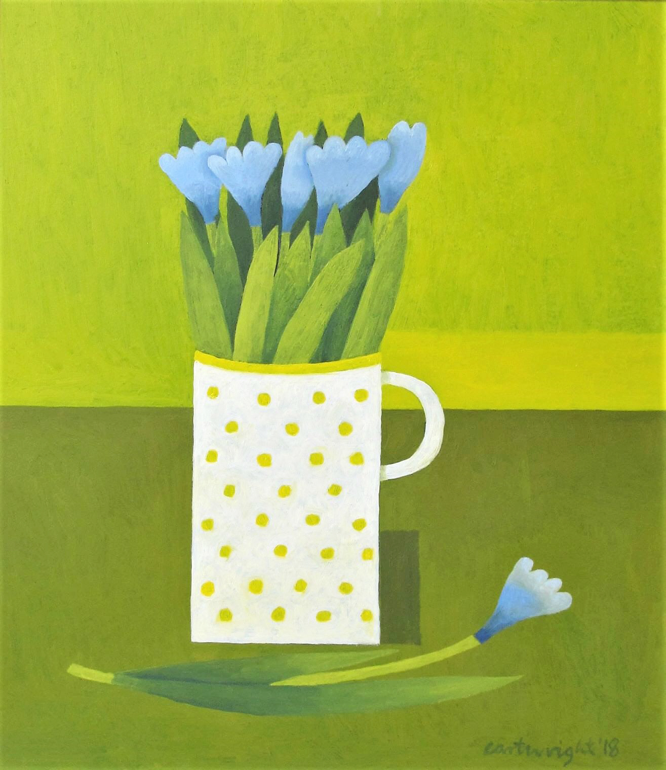 Blue flowers and yellow polka dot mug against a green background. Reg Cartwright oil painting 2020