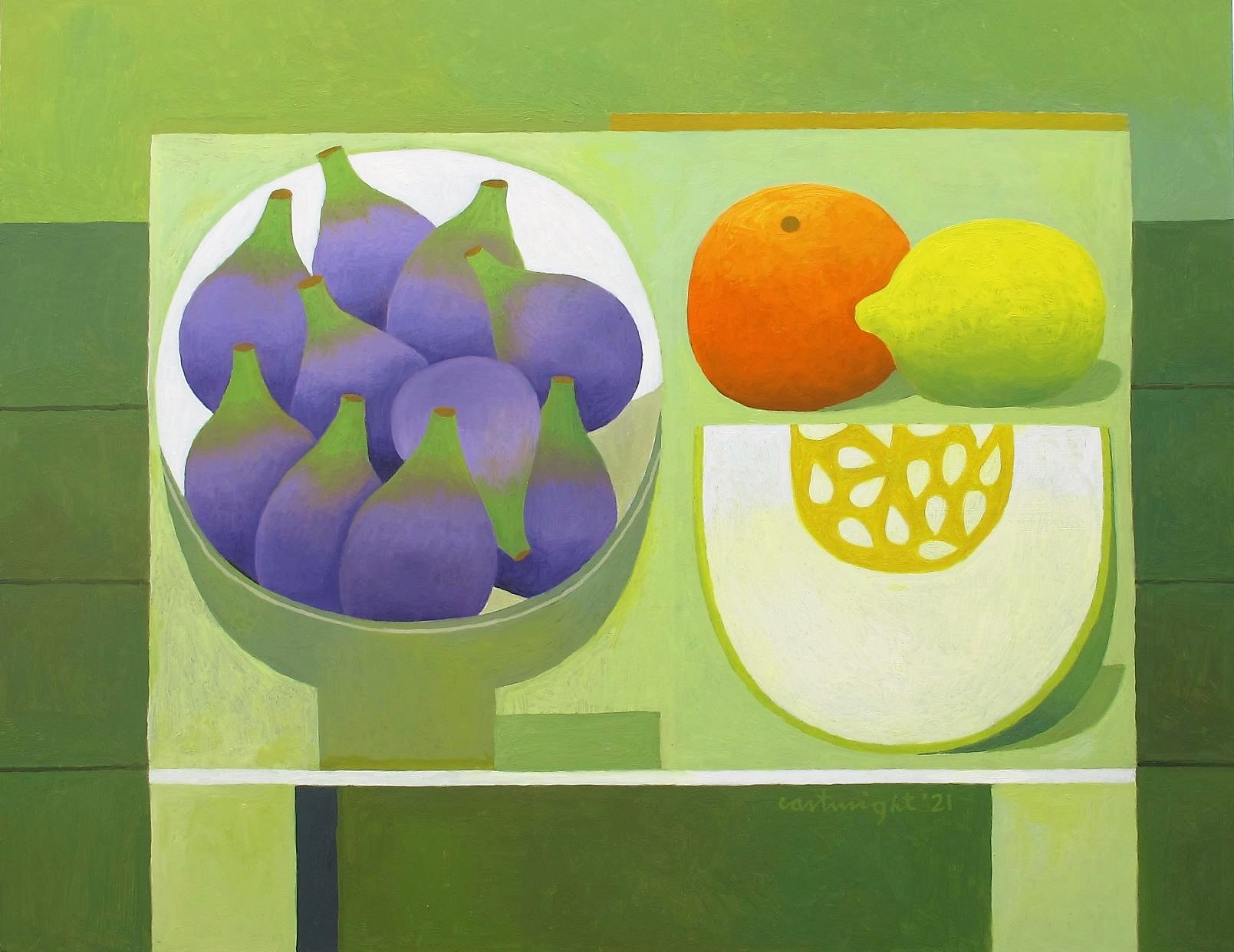 still life with figs melon orange and lemon by reg cartwright 2021