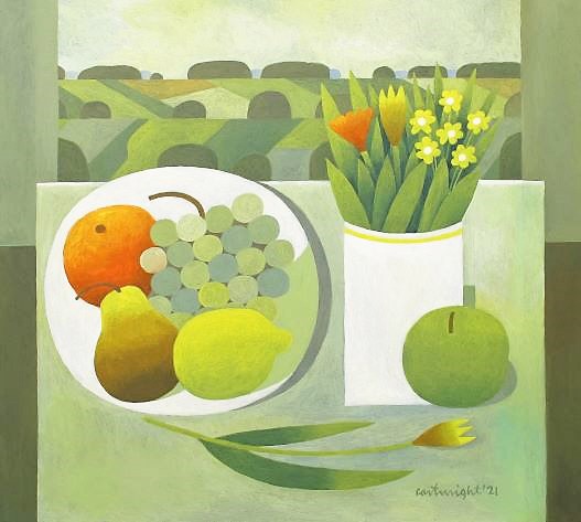 landscape with fruit and flowers  by reg cartwright 20" x18"