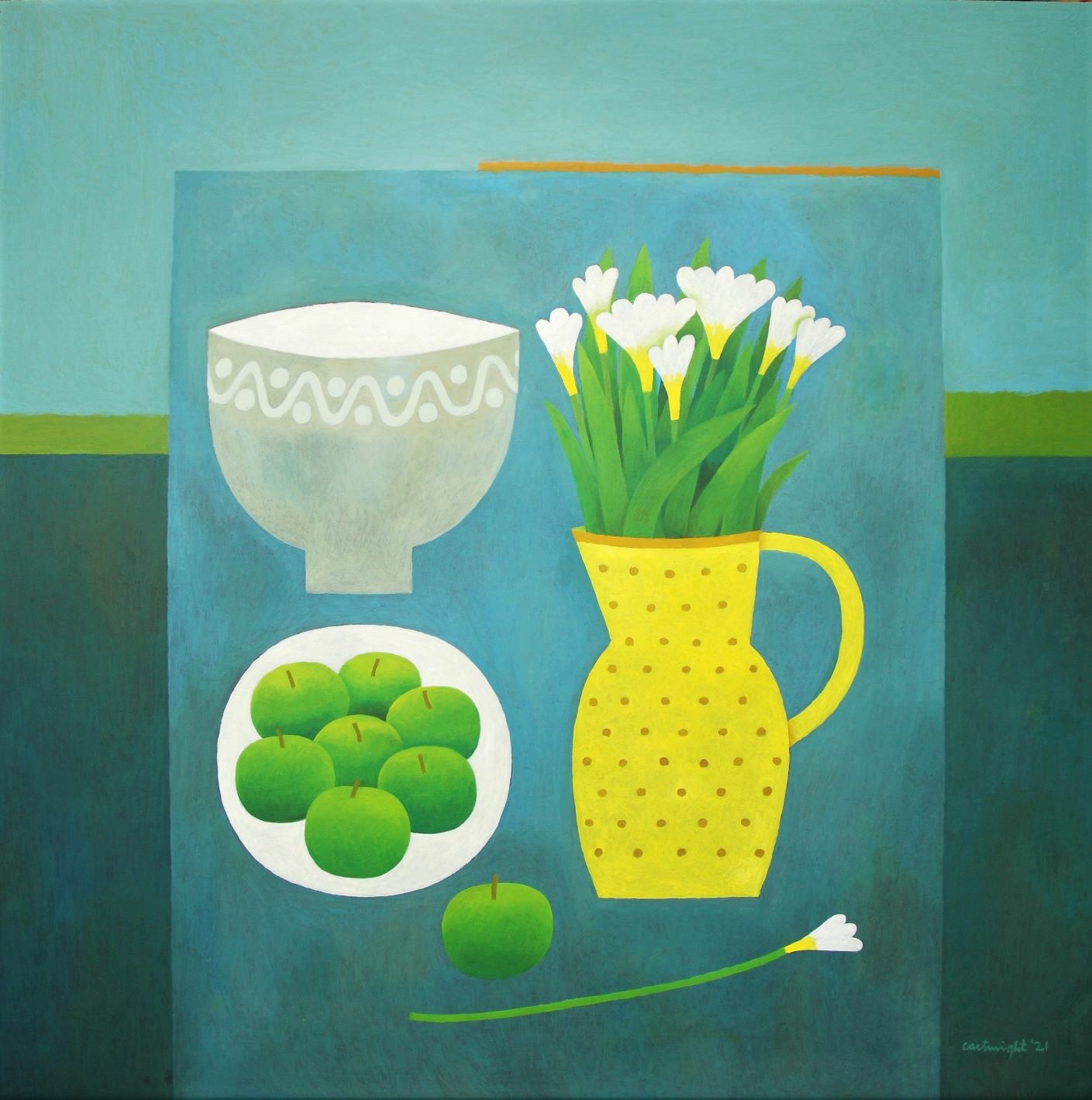 blue still life with yellow jug painted by reg cartwright 2021
