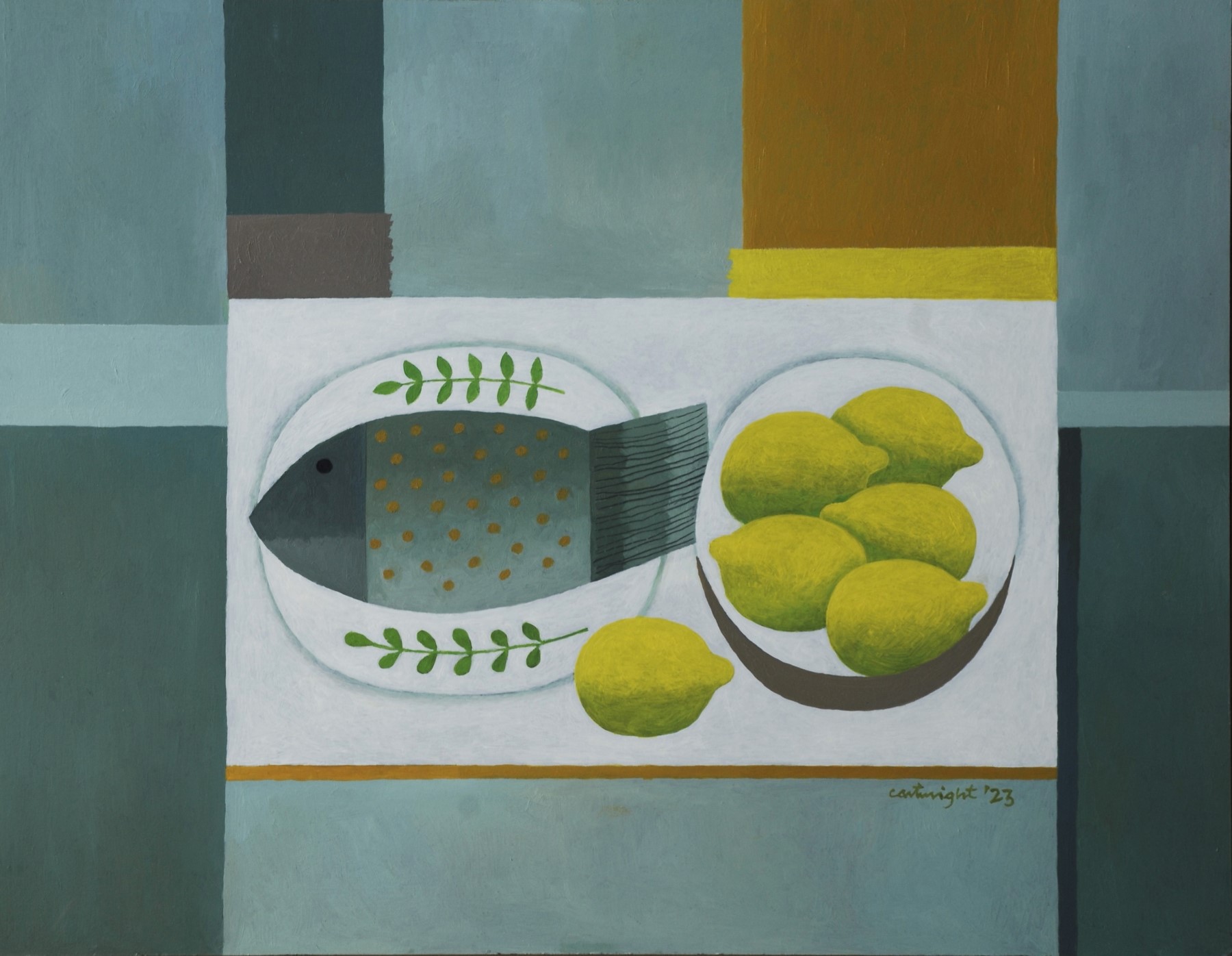 still life with fish and lemons by reg cartwright 2023